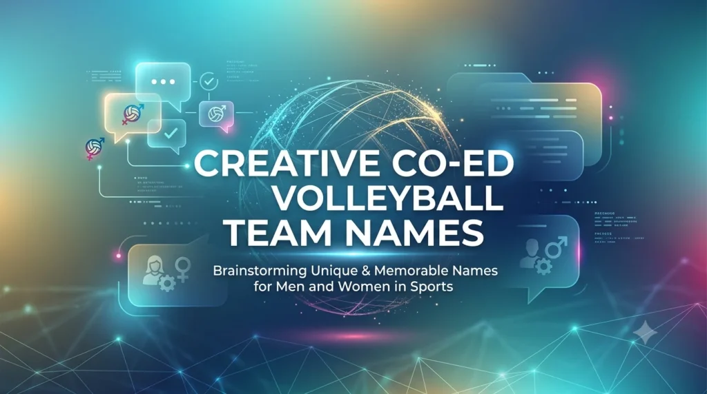 Premium, ultra-modern WordPress blog header banner for sports and team building, featuring the text "CREATIVE CO-ED VOLLEYBALL TEAM NAMES" centered on a sleek glassmorphism layout. The design centers around a glowing, abstract holographic sphere resembling a volleyball made of intricate network lines, surrounded by translucent chat UI panels, male and female sports icons, and minimal digital graphics over a high-tech dark teal and blue gradient background.