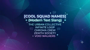 An elegant, high-quality 16:9 digital banner designed as a website header. The background features a dark teal, blue, and purple gradient with subtle geometric network lines. Centered in the image is glowing modern text that reads: "[COOL SQUAD NAMES] (Modern Text Slang) THE URBAN COLLECTIVE INFINITE LOOP CHROMA CREW ZENITH SOCIETY VOID WALKERS" The text is accented by minimalist white sparkles and small digital chat bubble icons.