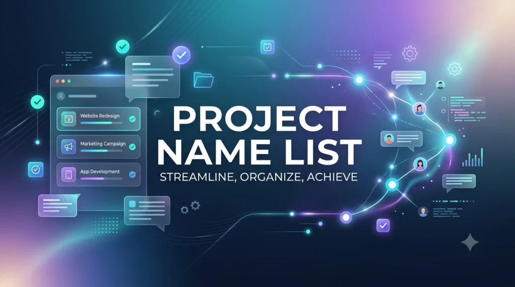 An ultra-modern digital banner for an educational blog titled "PROJECT NAME LIST: STREAMLINE, ORGANIZE, ACHIEVE," featuring a dark blue gradient background with glowing teal and purple UI-inspired shapes, abstract chat bubbles, and project management graphics. Detailed Description (for Accessibility or Design Reference) Central Typography: The center of the banner features the bold, crisp white text "PROJECT NAME LIST" in an elegant, modern sans-serif typeface. Directly underneath is the smaller supporting tagline: "STREAMLINE, ORGANIZE, ACHIEVE". Left-Side UI Elements: A clean, semi-transparent user interface window simulates a modern project tracker. It lists distinct items with glowing, colorful task icons and progress bars: Website Redesign (Teal/Green) Marketing Campaign (Cyan/Blue) App Development (Purple/Magenta) Right-Side Communication Nodes: A network of glowing, fluid neon lines connects minimalist abstract avatar icons and chat-inspired message bubbles, representing team collaboration and digital communication. Background & Lighting: The overall color scheme is built on a deep slate-blue background, enriched with soft, ambient glowing accents of purple, magenta, and cyan light leaks that give the banner a futuristic, premium depth without feeling cluttered. Subtle checkmarks and gear icons float gently in the peripheral space to emphasize productivity.