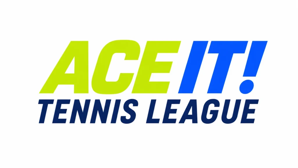 Elegant 16:9 digital banner featuring the centered text “ACE IT! TENNIS LEAGUE” in bold, modern typography, with “ACE” in bright lime green and “IT!” in vibrant blue on a clean white background.