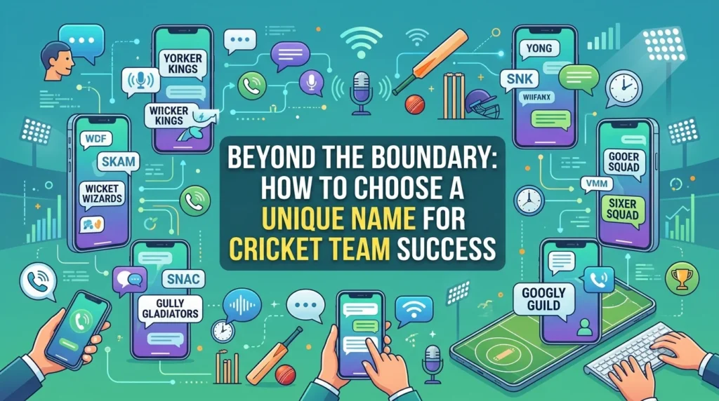 A professional teal and blue digital banner about team branding, with text in the center reading "BEYOND THE BOUNDARY: HOW TO CHOOSE A UNIQUE NAME FOR CRICKET TEAM SUCCESS". The design features hands holding smartphones showing text bubbles with unique names like Yorker Kings, Gully Gladiators, and Googly Guild, surrounded by cricket bats, balls, and stadium field graphics.