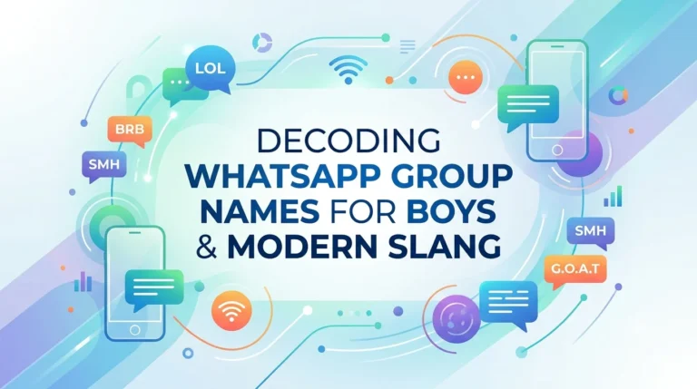 An elegant, 16:9 digital website banner featuring modern text slang bubbles like LOL, BRB, and G.O.A.T surrounding a clean central title that reads 'Decoding WhatsApp Group Names for Boys & Modern Slang' over a fresh, vibrant, gradient tech background with abstract mobile phone illustrations.