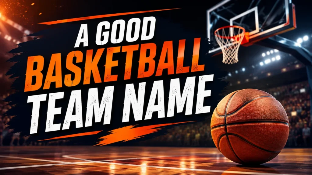 A good basketball team name featured image with a basketball, hoop, and illuminated indoor court.
