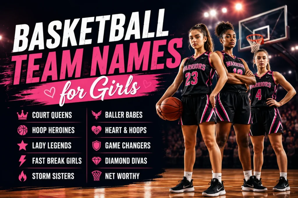 Basketball team names for girls featured image with female basketball players, a basketball hoop, and creative girls’ team name ideas.