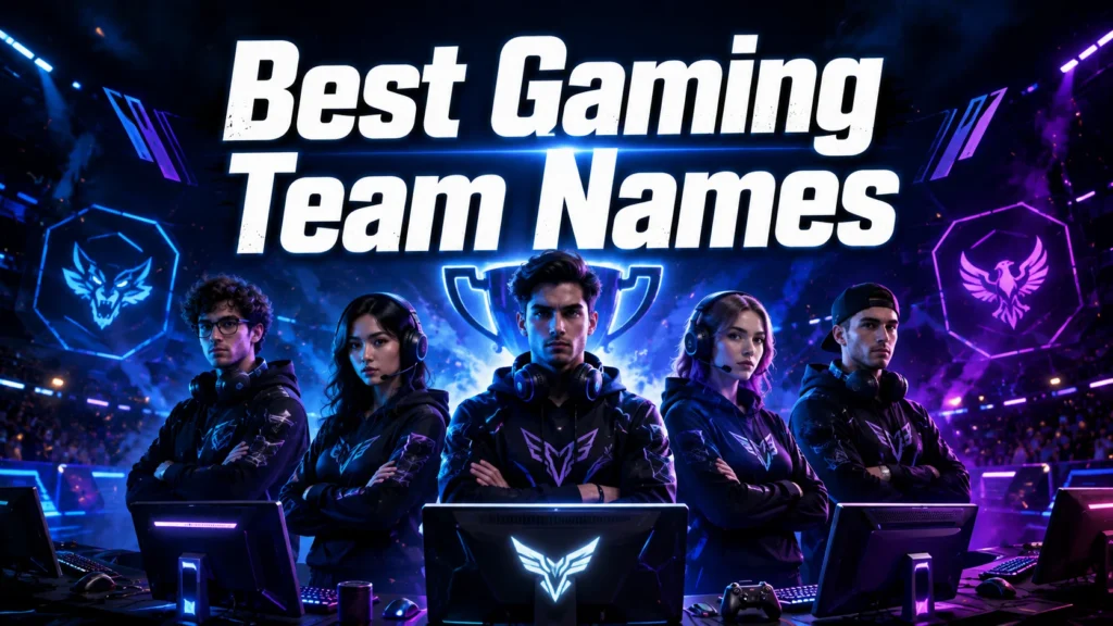 Best gaming team names featured image showing five competitive gamers in a futuristic esports arena with gaming setups and a championship trophy.
