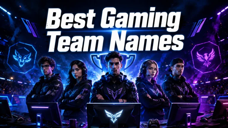 Best gaming team names featured image showing five competitive gamers in a futuristic esports arena with gaming setups and a championship trophy.