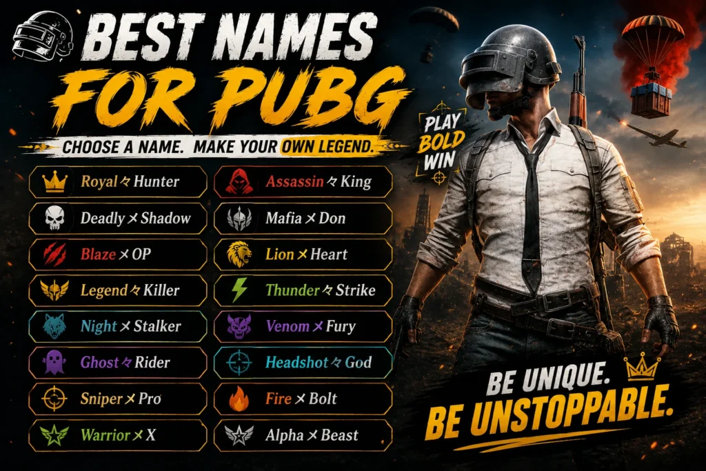 Best name for PUBG featured image with a battle royale gaming character, PUBG-style battlefield, and creative player name ideas.