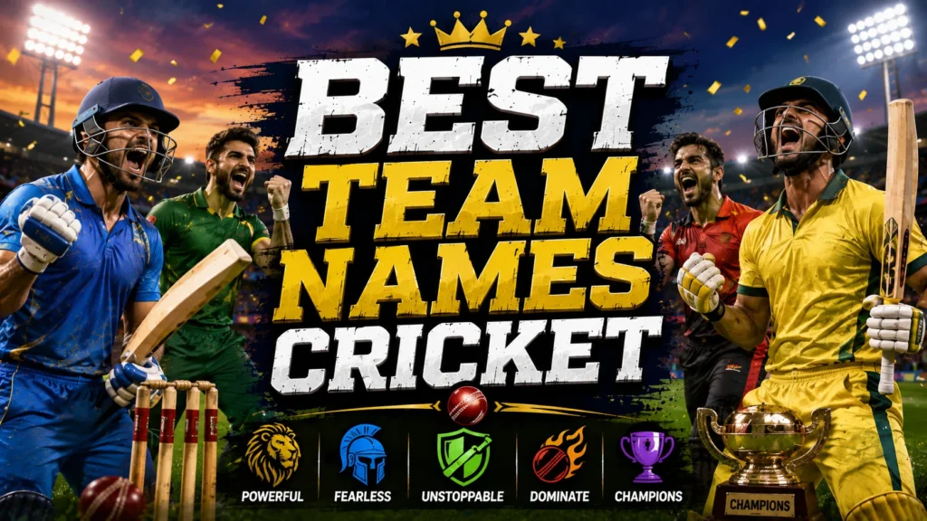 A dynamic cricket-themed featured image showing cricket players celebrating in a floodlit stadium with a bat, ball, wickets, and bold centered text reading "Best Team Names Cricket," designed in a modern sports editorial style with dramatic lighting and a championship atmosphere.