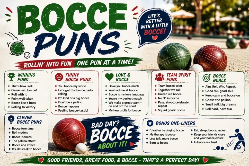 Bocce puns featuring colorful bocce balls with funny, clever, winning, romantic, and team-themed bocce sayings.