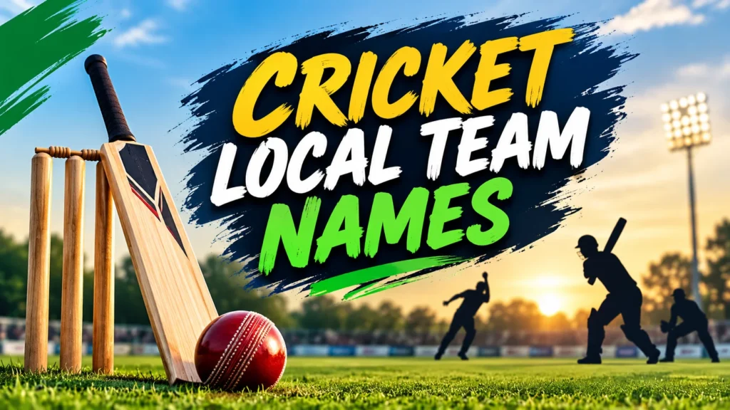 Cricket local team names featured image with cricket bat, red ball, stumps, and players on a local cricket ground.