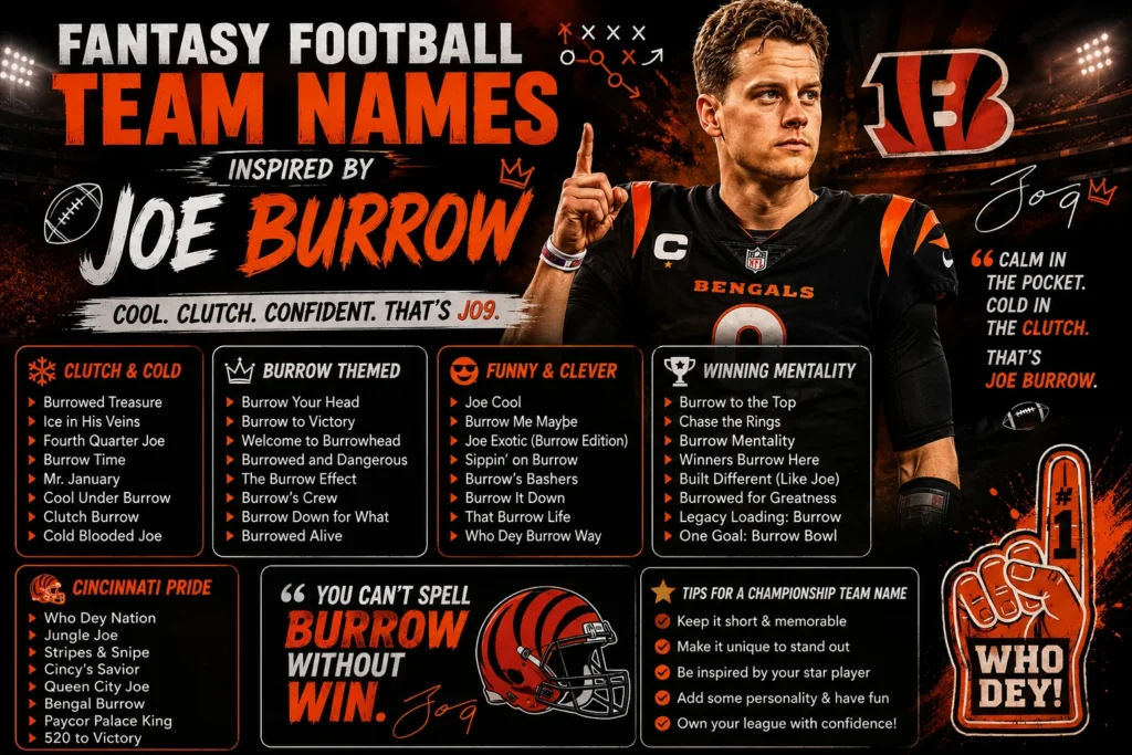 Fantasy football team names inspired by Joe Burrow, featuring football-themed name ideas in a bold orange and black stadium design.