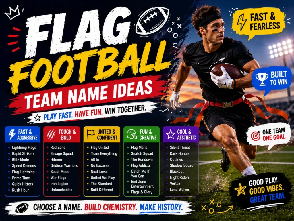 Flag football team name ideas featuring a flag football player with creative, cool, funny, tough, and competitive team names.