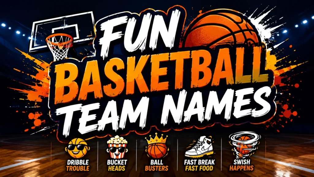 Fun basketball team names displayed in a bold basketball-themed graphic with a hoop, court, and playful sports illustrations.