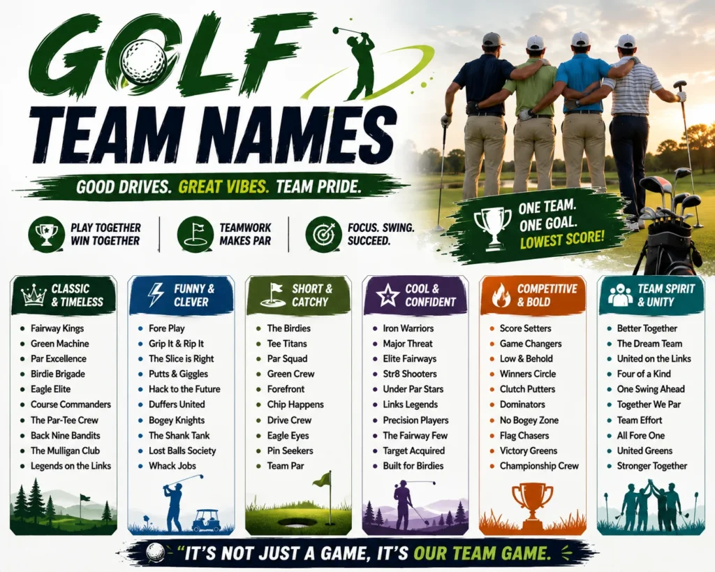 Golf team names featuring golfers on a course with classic, funny, catchy, competitive, cool, and team-spirit-inspired name ideas.