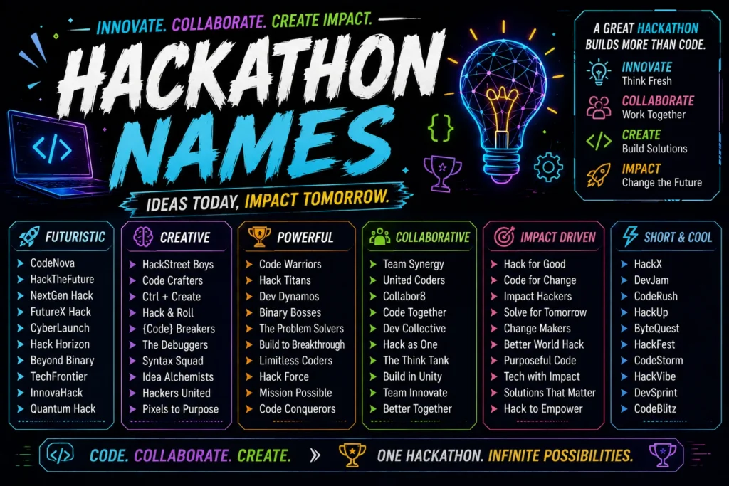 Hackathon name ideas featuring futuristic, creative, powerful, collaborative, impact-driven, and short team names in a colorful technology-themed design.
