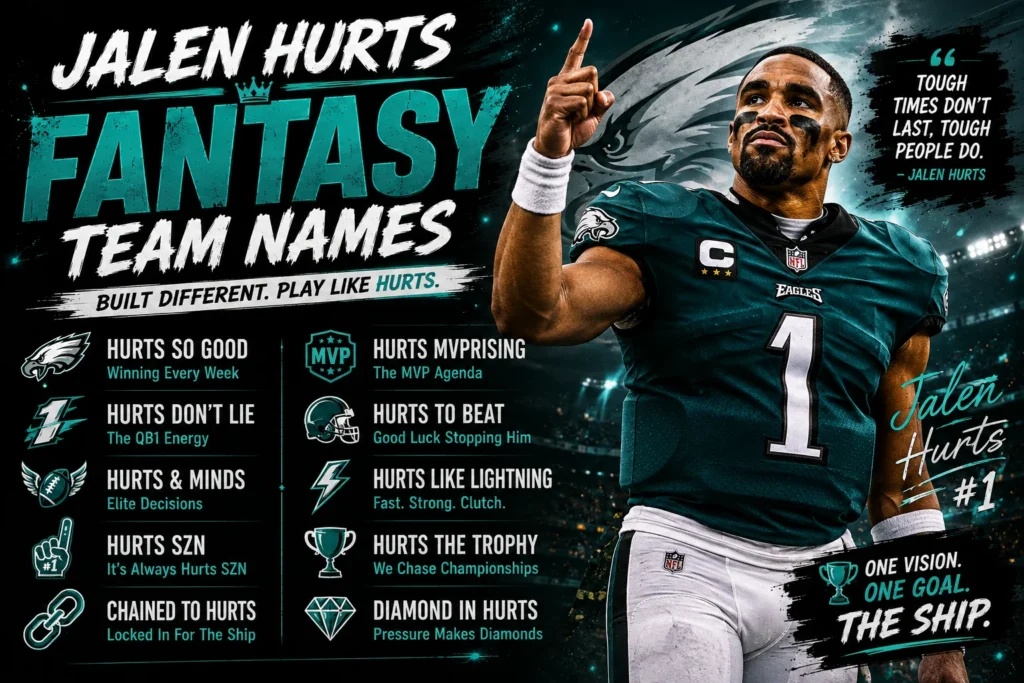 Jalen Hurts fantasy team names featured graphic with a football player in a stadium and creative fantasy football name ideas inspired by Jalen Hurts.