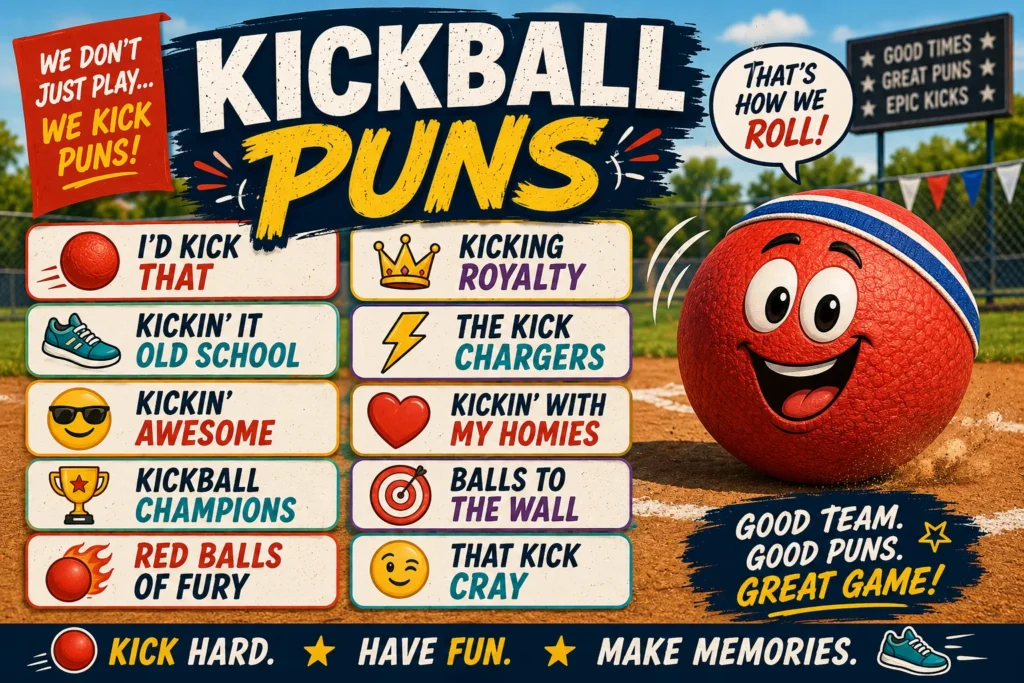 Kickball puns featured image with a funny smiling red kickball, colorful team name ideas, and a lively outdoor kickball field.