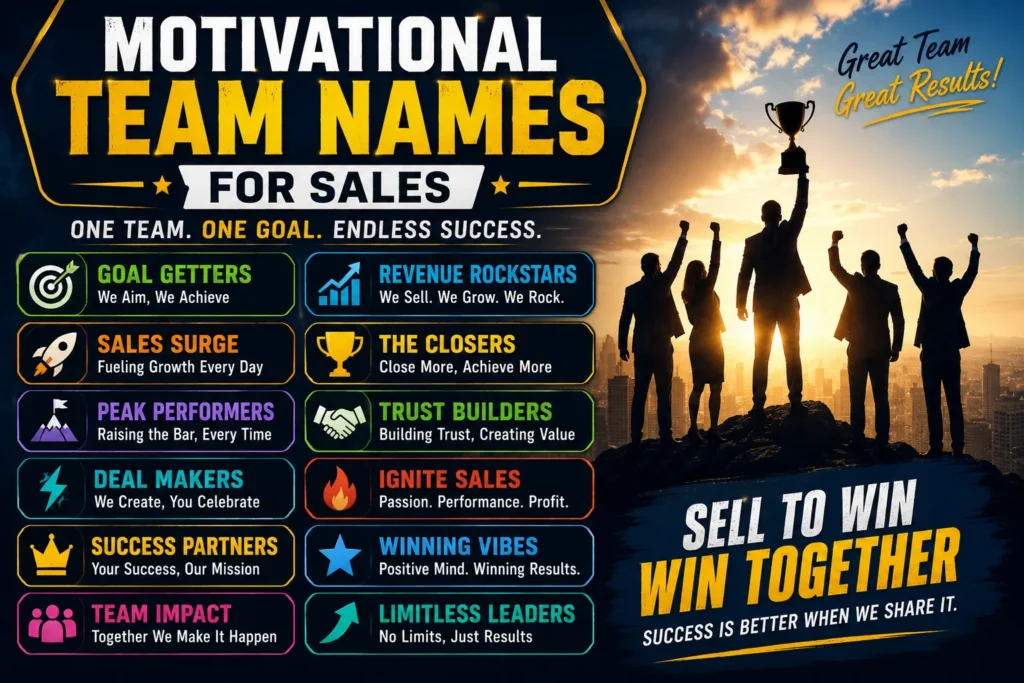 Motivational team names for sales featured image with a successful sales team celebrating, trophy, and inspiring sales team name ideas.