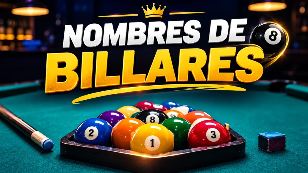 Nombres de billares displayed in a stylish billiards graphic with pool balls, cues, a teal table, and a glowing crown design.