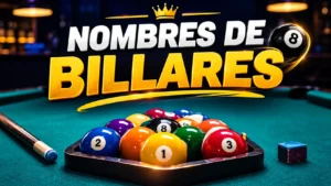 Nombres de billares displayed in a stylish billiards graphic with pool balls, cues, a teal table, and a glowing crown design.