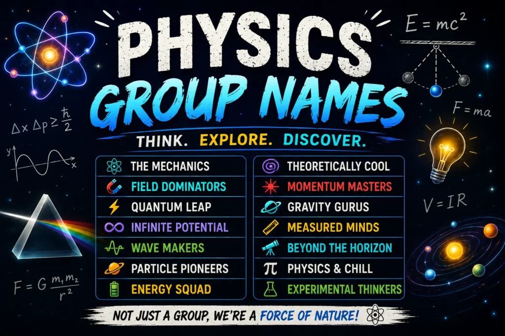 Physics group name featured image with creative science team names, glowing atom, formulas, prism, planets, and physics-themed illustrations.