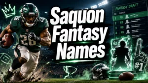 Saquon fantasy names featured image showing a star running back carrying a football alongside fantasy draft graphics in a stadium setting.
