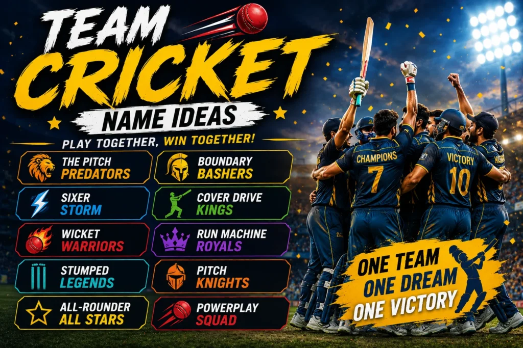 Team cricket name featured image with cricket players celebrating on a stadium field and creative cricket team name ideas.