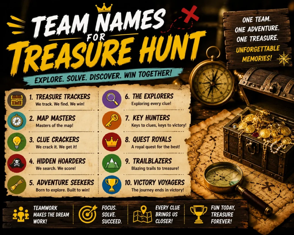 Team names for treasure hunt featured graphic with a treasure chest, compass, old map, magnifying glass, and creative adventure-themed team name ideas.