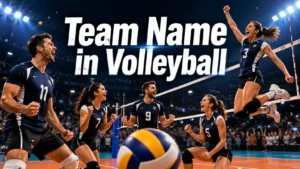 Team name in volleyball featured image showing volleyball players celebrating together on an indoor court after winning a point.