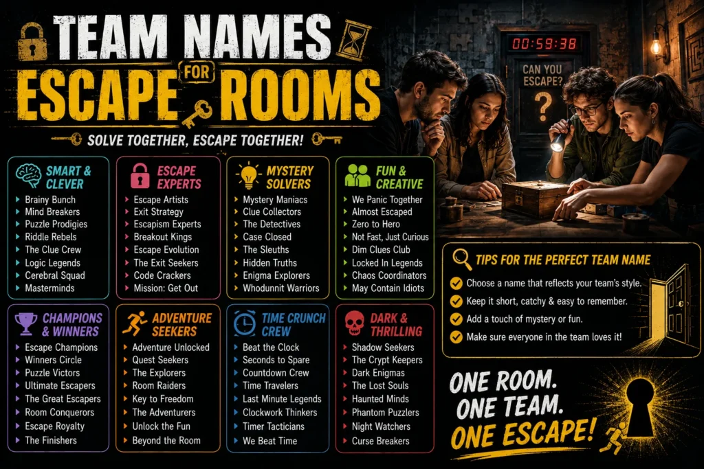 Team names for escape rooms featuring smart, funny, mysterious, adventurous, and creative name ideas with a group solving an escape room puzzle.