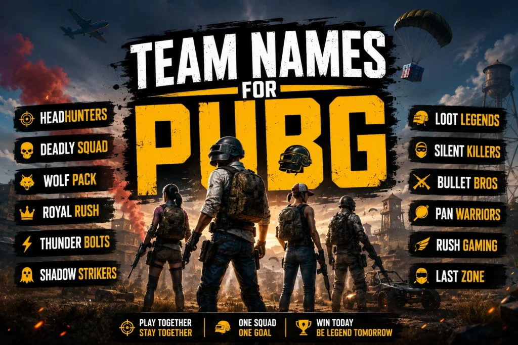 Team names for PUBG displayed in a dramatic battle royale graphic with a squad of players, parachutes, and a smoky battlefield.