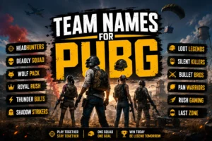 Team names for PUBG displayed in a dramatic battle royale graphic with a squad of players, parachutes, and a smoky battlefield.