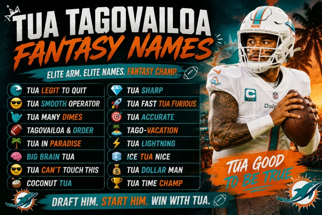 Tua Tagovailoa fantasy names featured image with a football quarterback, stadium background, and creative Tua-inspired fantasy football team names.