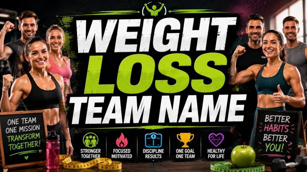 A motivational fitness-themed featured image showing a group of people celebrating their health journey in a modern gym with dumbbells, a measuring tape, healthy food, and bold centered text reading "Weight Loss Team Name," designed in a clean editorial style with vibrant green accents and an inspiring atmosphere.