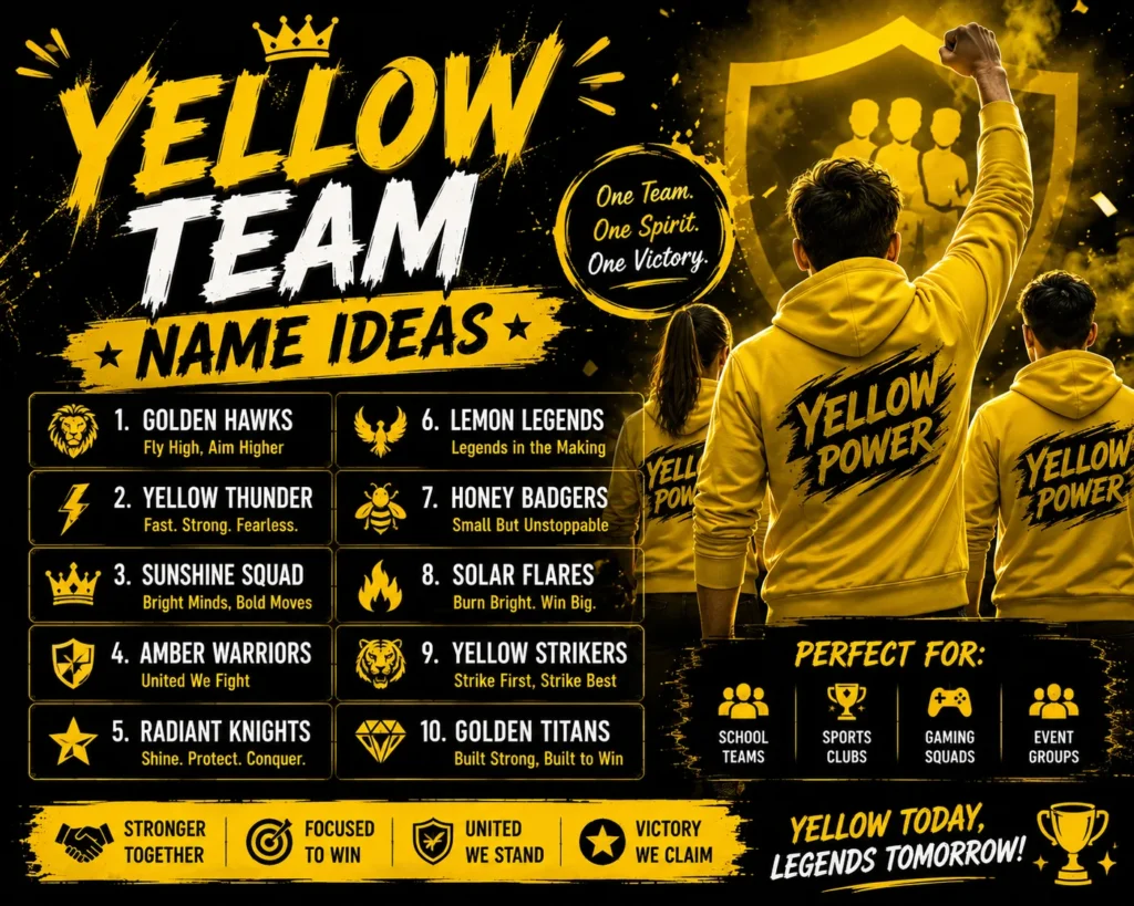 Yellow team name ideas featured graphic with a group wearing yellow hoodies and creative names including Golden Hawks, Yellow Thunder, Sunshine Squad, Lemon Legends, and Golden Titans.